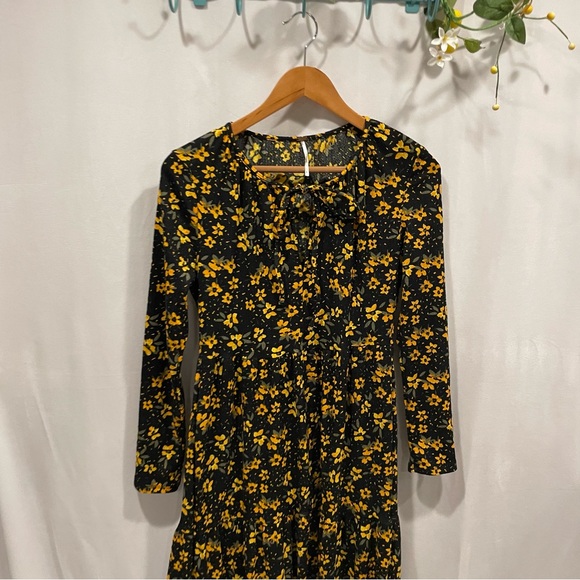 Free people black yellow floral maxi boho ruffle dress adorable - Picture 5 of 7